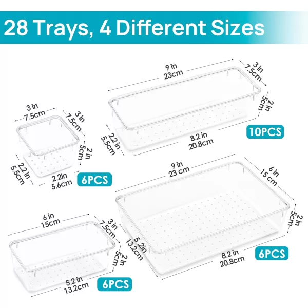 Vtopmart 28 PCS Clear Plastic Drawer Organizers Set 4Size Bathroom and Vanity Drawer Organizer Trays Acrylic Storage Bins for Makeup Cosmetic Kitchen Utensils Tool Organizer for Gadgets