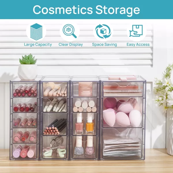 Vtopmart Acrylic Organizer with 16 Drawers 4 Set Desk Organizers and Accessories Clear Makeup Organizer Dustproof Storage Drawers for Office Art Craft Supplies