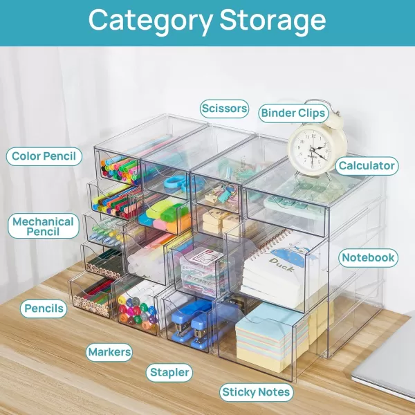 Vtopmart Acrylic Organizer with 16 Drawers 4 Set Desk Organizers and Accessories Clear Makeup Organizer Dustproof Storage Drawers for Office Art Craft Supplies