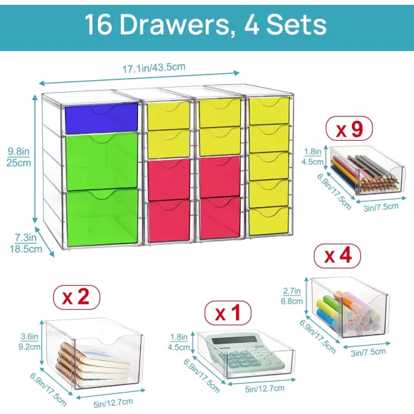 Vtopmart Acrylic Organizer with 16 Drawers 4 Set Desk Organizers and Accessories Clear Makeup Organizer Dustproof Storage Drawers for Office Art Craft Supplies