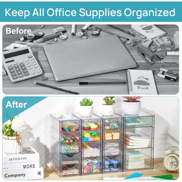 Vtopmart Acrylic Organizer with 16 Drawers 4 Set Desk Organizers and Accessories Clear Makeup Organizer Dustproof Storage Drawers for Office Art Craft Supplies