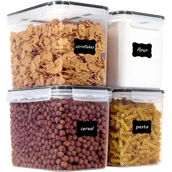 Vtopmart Large Food Storage Containers 52L  176oz 4 Pieces BPA Free Plastic Airtight Canisters for Flour Sugar Baking Supplies Rice with Lids 4 Measuring Cups and 24 Labels BlackBlack