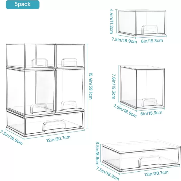 Vtopmart Stackable Storage Drawers Set of 5 12quot Wide and 44ampamp76 High Clear Plastic Organizer Bins for Beauty SuppliesIdeal for Vanity BathroomCabinetPantry Organization