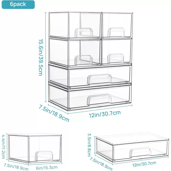 Vtopmart Stackable Storage Drawers Set of 6 12quot W and 44H Clear Plastic Organizer Bins for Bathroom SuppliesIdeal for CabinetPantryLaundry Room Organization