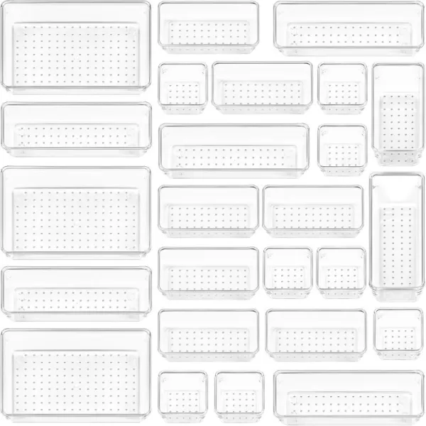 Vtopmart 25 PCS Clear Plastic Drawer Organizers Set 4Size Versatile Bathroom and Vanity Drawer Organizer Trays Storage Bins for Makeup Bedroom Kitchen Gadgets Utensils and OfficeClear