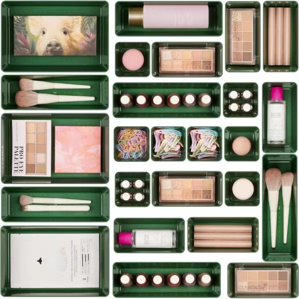 Vtopmart 25 PCS Clear Plastic Drawer Organizers Set 4Size Versatile Bathroom and Vanity Drawer Organizer Trays Storage Bins for Makeup Bedroom Kitchen Gadgets Utensils and OfficeGreen