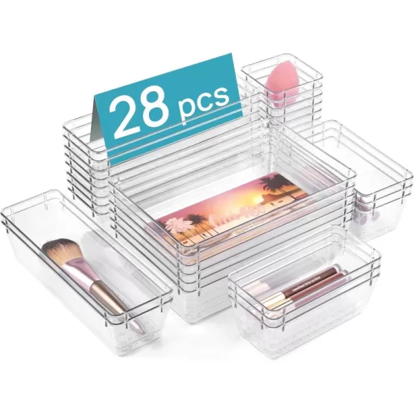 Vtopmart 28 PCS Clear Plastic Drawer Organizers Set 4Size Bathroom and Vanity Drawer Organizer Trays Acrylic Storage Bins for Makeup Cosmetic Kitchen Utensils Tool Organizer for Gadgets