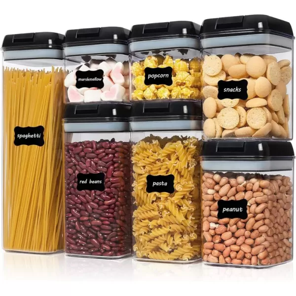 Vtopmart Airtight Food Storage Containers 7 Pieces BPA Free Plastic Cereal Containers with Easy Lock Lids for Kitchen Pantry Organization and Storage Include 24 LabelsBlackBlack