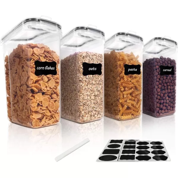 Vtopmart Cereal Storage Container Set BPA Free Plastic Airtight Food Storage Containers 1352 fl oz for Cereal Snacks and Sugar 4 Piece Set Cereal Dispensers with 24 Chalkboard Labels Black