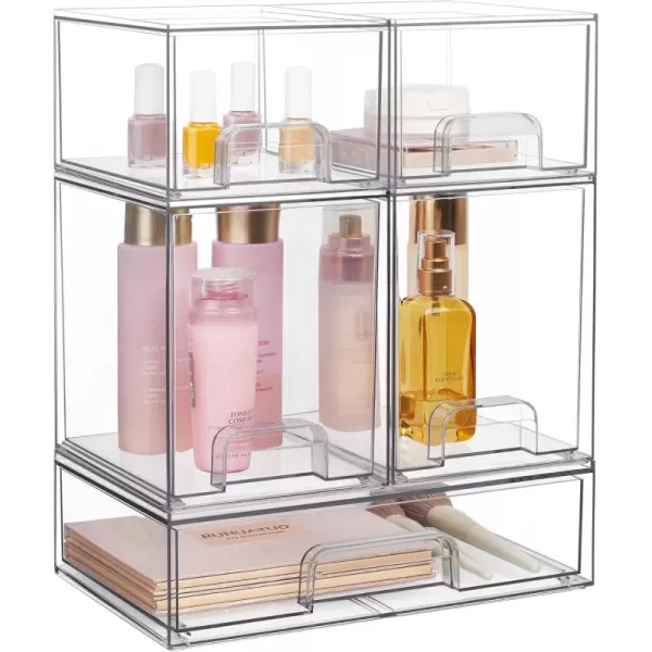 Vtopmart Stackable Storage Drawers Set of 5 12quot Wide and 44ampamp76 High Clear Plastic Organizer Bins for Beauty SuppliesIdeal for Vanity BathroomCabinetPantry Organization