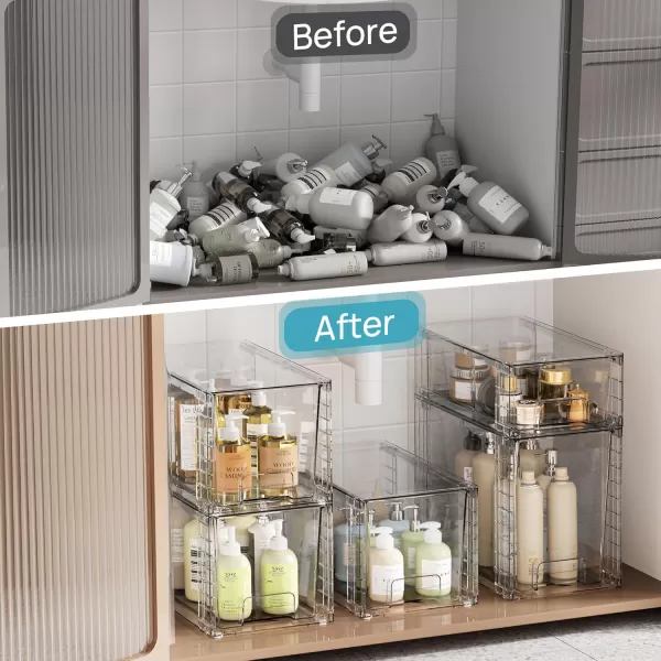 Vtopmart 3 Pack Clear Stackable Storage DrawersEasy to Assemble Bathroom Organizers and Storage with handlesPlastic storage drawers for Kitchen PantryCabinetUnder Sink Organization