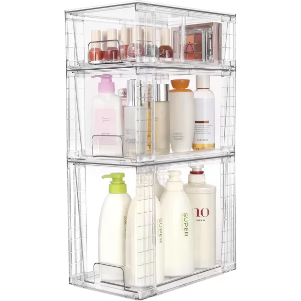 Vtopmart 3 Pack Clear Stackable Storage DrawersEasy to Assemble Bathroom Organizers and Storage with handlesPlastic storage drawers for Kitchen PantryCabinetUnder Sink Organization