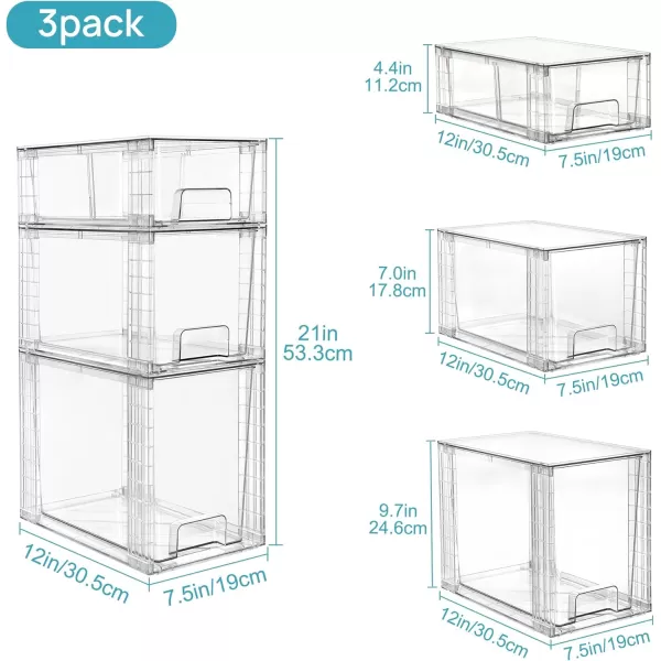 Vtopmart 3 Pack Clear Stackable Storage DrawersEasy to Assemble Bathroom Organizers and Storage with handlesPlastic storage drawers for Kitchen PantryCabinetUnder Sink Organization