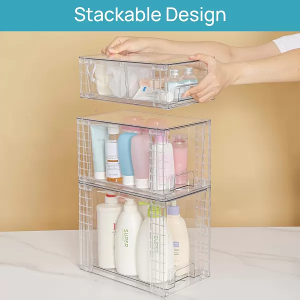 Vtopmart 3 Pack Clear Stackable Storage DrawersEasy to Assemble Bathroom Organizers and Storage with handlesPlastic storage drawers for Kitchen PantryCabinetUnder Sink Organization