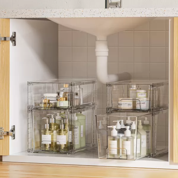Vtopmart 4 Pack Clear Stackable Storage DrawersEasy to Assemble Bathroom Organizers and Storage with handlesPlastic storage drawers for Kitchen PantryCabinetUnder Sink Organization