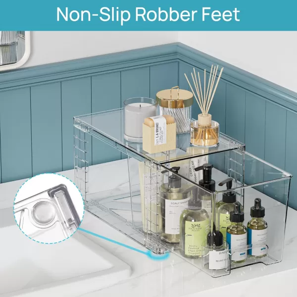 Vtopmart 4 Pack Clear Stackable Storage DrawersEasy to Assemble Bathroom Organizers and Storage with handlesPlastic storage drawers for Kitchen PantryCabinetUnder Sink Organization