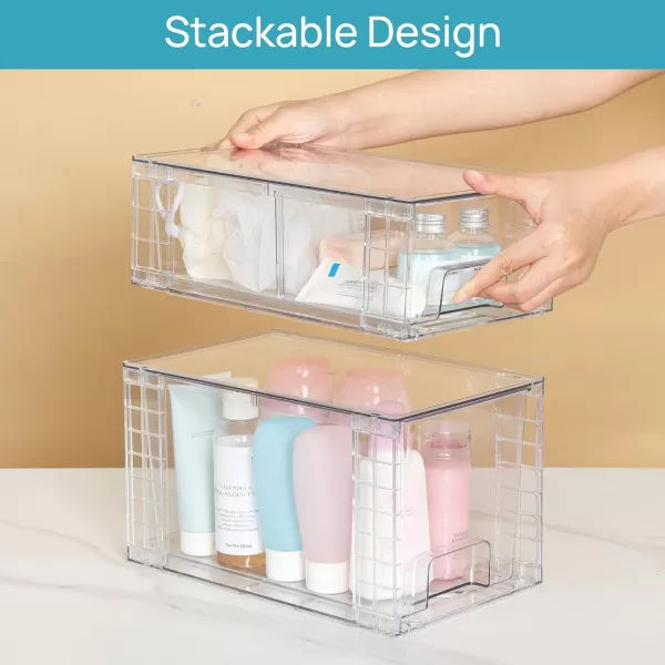 Vtopmart 4 Pack Clear Stackable Storage DrawersEasy to Assemble Bathroom Organizers and Storage with handlesPlastic storage drawers for Kitchen PantryCabinetUnder Sink Organization