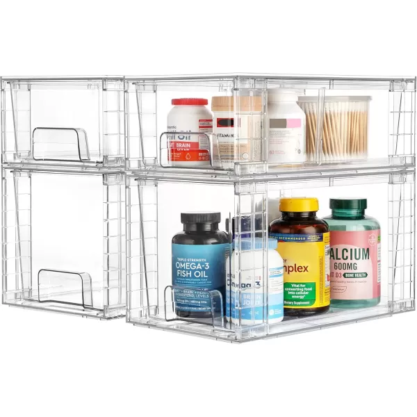 Vtopmart 4 Pack Clear Stackable Storage DrawersEasy to Assemble Bathroom Organizers and Storage with handlesPlastic storage drawers for Kitchen PantryCabinetUnder Sink Organization