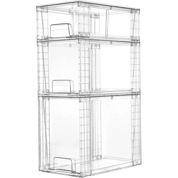 Vtopmart 3 Pack Clear Stackable Storage DrawersEasy to Assemble Bathroom Organizers and Storage with handlesPlastic storage drawers for Kitchen PantryCabinetUnder Sink Organization