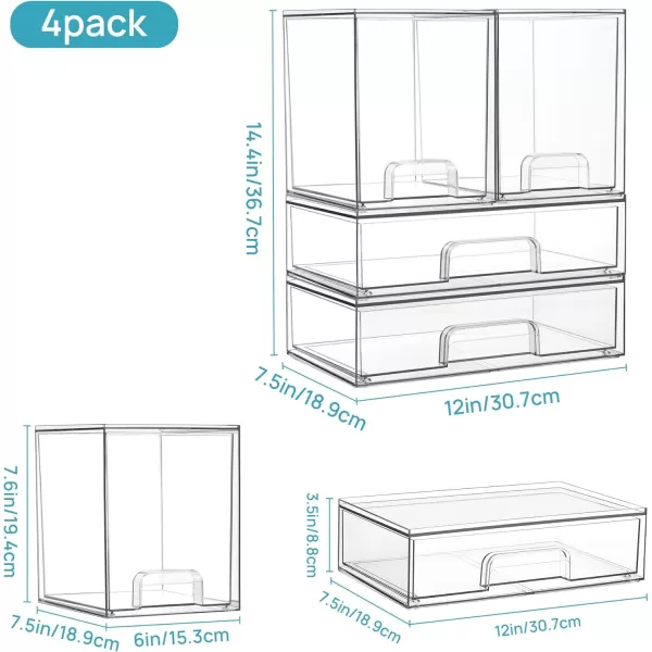 imageVtopmart Stackable Storage Drawers Set of 476quot Tall and 12 Wide Clear Plastic Organizer Bins for Makeup Cosmetics Beauty SuppliesIdeal for Vanity BathroomCabinetPantry Organization