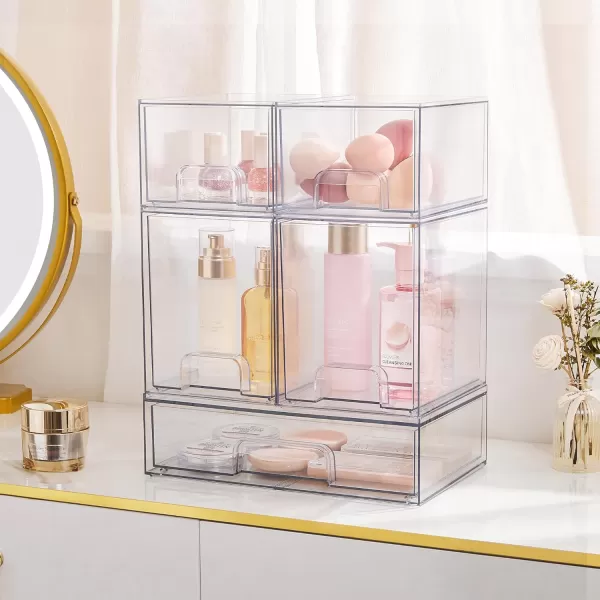 imageVtopmart Stackable Storage Drawers Set of 476quot Tall and 12 Wide Clear Plastic Organizer Bins for Makeup Cosmetics Beauty SuppliesIdeal for Vanity BathroomCabinetPantry Organization