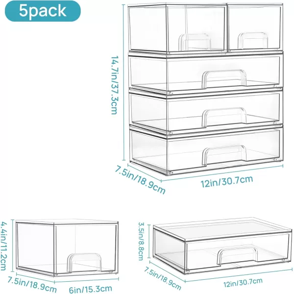 imageVtopmart Stackable Storage Drawers Set of 5 12quot Wide and 44 Tall Clear Plastic Organizer Bins for Makeup Cosmetics Beauty SuppliesIdeal for Vanity BathroomCabinetPantry Organization