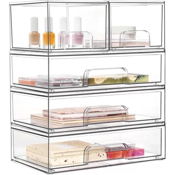 imageVtopmart Stackable Storage Drawers Set of 5 12quot Wide and 44 Tall Clear Plastic Organizer Bins for Makeup Cosmetics Beauty SuppliesIdeal for Vanity BathroomCabinetPantry Organization