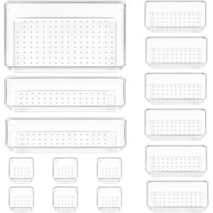 imageVtopmart 15 PCS Clear Plastic Drawer Organizers Set 4Size Versatile Bathroom and Vanity Drawer Organizer Trays Storage Bins for Makeup Bedroom Kitchen Gadgets Utensils and Office