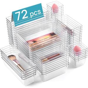 imageVtopmart 72 PCS Clear Plastic Drawer Organizers Set 4Size Versatile Bathroom and Vanity Drawer Organizer Trays NonSlip Storage Bins for Makeup Jewelries Kitchen Utensils and Office Desk