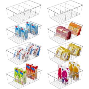 imageVtopmart 8 Pack Food Storage Organizer Bins Clear Plastic Bins for Pantry Kitchen Fridge Cabinet Organization and Storage 4 Compartment Holder for Packets Snacks Pouches Spice Packets