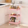 imageVtopmart 3 Tier Metal Rolling Cart with Wheels Utility Storage Cart with Handle and Lockable Casters Storage Basket Organizer Shelves Easy Assemble for Kitchen Living Room Office Nursery WhitePink