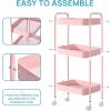 imageVtopmart 3 Tier Metal Rolling Cart with Wheels Utility Storage Cart with Handle and Lockable Casters Storage Basket Organizer Shelves Easy Assemble for Kitchen Living Room Office Nursery WhitePink