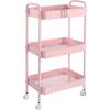 imageVtopmart 3 Tier Metal Rolling Cart with Wheels Utility Storage Cart with Handle and Lockable Casters Storage Basket Organizer Shelves Easy Assemble for Kitchen Living Room Office Nursery WhitePink