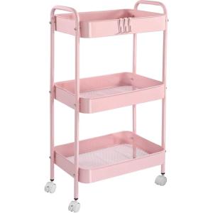 imageVtopmart 3 Tier Metal Rolling Cart with Wheels Utility Storage Cart with Handle and Lockable Casters Storage Basket Organizer Shelves Easy Assemble for Kitchen Living Room Office Nursery WhitePink