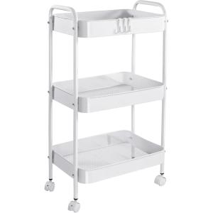 imageVtopmart 3 Tier Metal Rolling Cart with Wheels Utility Storage Cart with Handle and Lockable Casters Storage Basket Organizer Shelves Easy Assemble for Kitchen Living Room Office Nursery WhiteWhite