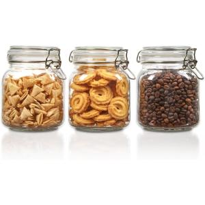 imageVtopmart 34oz Glass Food Storage Jars with Airtight Clamp Lids 3 Pack Kitchen Canisters for Flour Cereal Coffee Pasta and Canning Square Mason Jar with 8 Chalkboard Labels3pack34ozRound