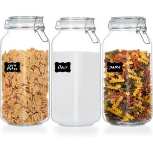 imageVtopmart 34oz Glass Food Storage Jars with Airtight Clamp Lids 3 Pack Kitchen Canisters for Flour Cereal Coffee Pasta and Canning Square Mason Jar with 8 Chalkboard Labels3pack78ozSquare