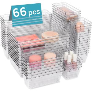 imageVtopmart 88PCS Clear Plastic Drawer Organizers Set 5Size Versatile Bathroom Drawer Organizer Trays Storage Bins for Makeup Vanity Kitchen Gadgets Utensils and Office66 PCS