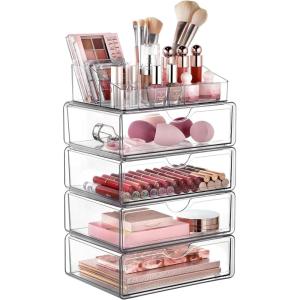 imageVtopmart 3 Tier Clear Makeup Organizer with Drawer Cosmetic Storage for Dresser Countertop and Bathroom Vanity Beauty Holder for Lipstick Brush Skincare5 Tier