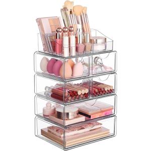 imageVtopmart 3 Tier Clear Makeup Organizer with Drawer Cosmetic Storage for Dresser Countertop and Bathroom Vanity Beauty Holder for Lipstick Brush Skincare5 Tier 2 Sizes Drawer