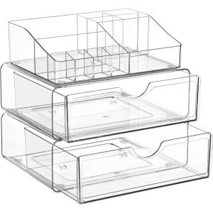 imageVtopmart 3 Tier Clear Makeup Organizer with Drawer Cosmetic Storage for Dresser Countertop and Bathroom Vanity Beauty Holder for Lipstick Brush Skincare3 Tier