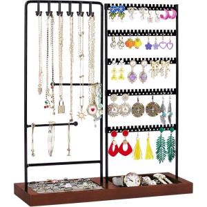 imageVtopmart Jewelry Holder Organizer Stand Tree for Earring Necklace Ring Bracelets Display and Storage with 90 Holes 12 Hooks Black WalnutWalnut