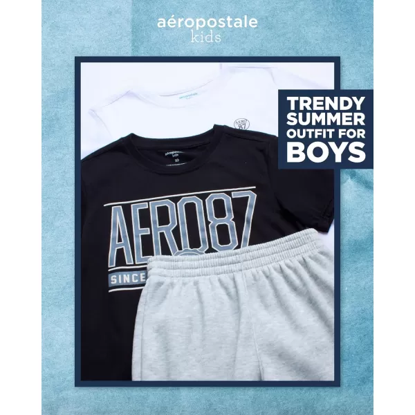 AEROPOSTALE Boys Shorts Set  3 Piece Short Sleeve TShirt and Fleece Sweat Shorts  Summer Outfit for Boys 412WhiteBlackHeather Grey