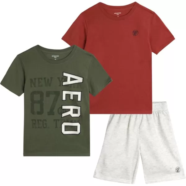AEROPOSTALE Boys Shorts Set  3 Piece Short Sleeve TShirt and Fleece Sweat Shorts  Summer Outfit for Boys 412BurgundyOliveOatmeal