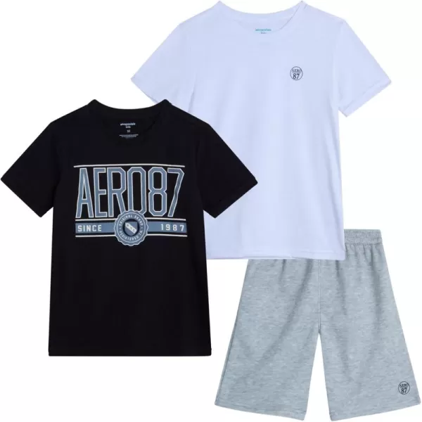 AEROPOSTALE Boys Shorts Set  3 Piece Short Sleeve TShirt and Fleece Sweat Shorts  Summer Outfit for Boys 412WhiteBlackHeather Grey