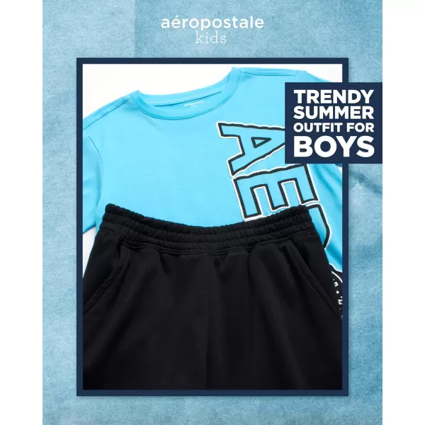 AEROPOSTALE Boys Shorts Set  2 Piece Short Sleeve TShirt and Fleece Sweat Shorts  Summer Outfit for Boys 412Riviera Blue Black