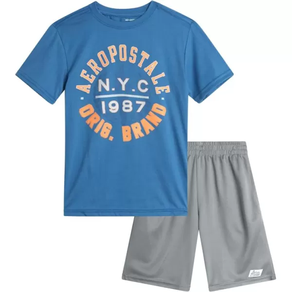 AEROPOSTALE Boys Active Shorts Set  2 Piece Short Sleeve TShirt and Mesh Gym Shorts  Activewear Outfit for Boys 412Blue Grey