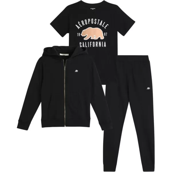 AEROPOSTALE Boys Sweatsuit Set  3 Piece Fleece Zip Hoodie Sweatshirt Cargo Jogger Sweatpants and TShirt 416Black
