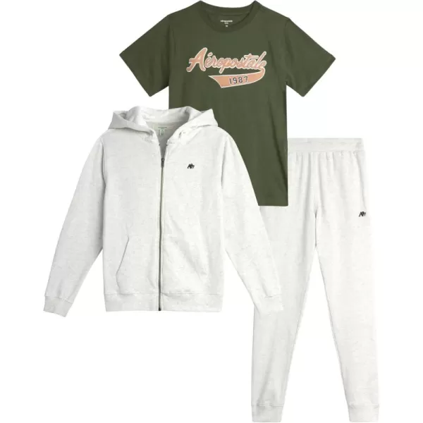 AEROPOSTALE Boys Sweatsuit Set  3 Piece Fleece Zip Hoodie Sweatshirt Cargo Jogger Sweatpants and TShirt 416CoffeeOlive
