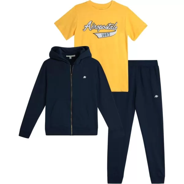 AEROPOSTALE Boys Sweatsuit Set  3 Piece Fleece Zip Hoodie Sweatshirt Cargo Jogger Sweatpants and TShirt 416NavyGold